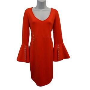 Stylish Bell Sleeve V-Neck Dress - Vibrant‎ Orange